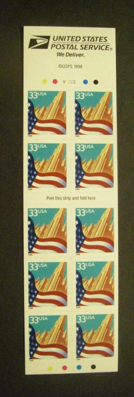 Scott 3278j, 33c Flag o/City, Pane of 10, #V2222, perf 11.25, MNH Beauty