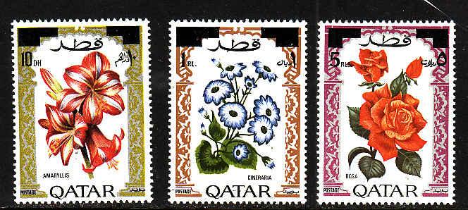 Qatar-Sc#287-9-Unused hinged surcharged set-Flowers-1972-