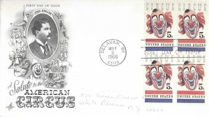 1966 FDC, #1309, 5c American Circus, Art Craft, block of 4