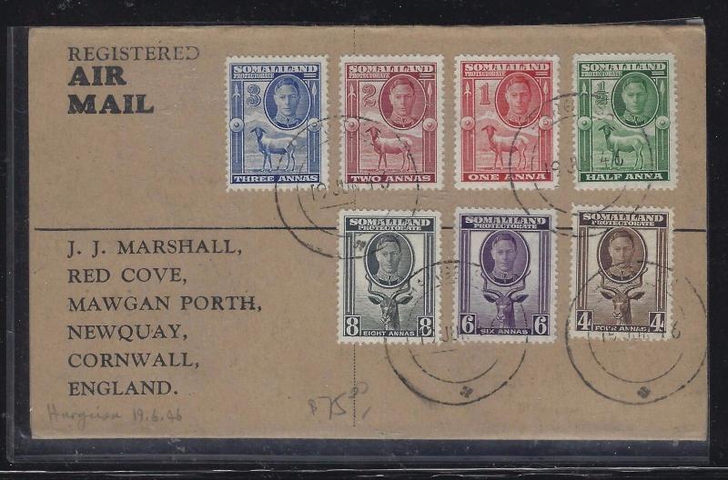 SOMALILAND COVER (PP0312B)   KGVI GOAT  7 VALUES 1/2A-8A REG HARGEISA TO ENGLAND