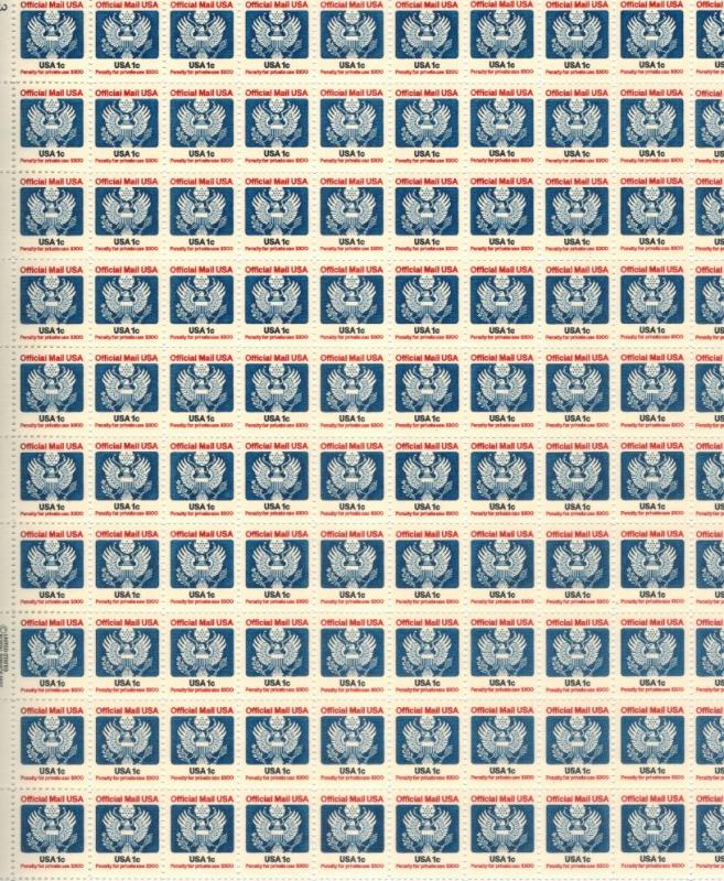 US #O127   1c Official Mail   Full sheet of 100  MNH