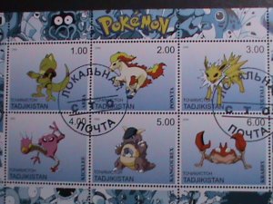 ​TAJIKISTAN -2000 LOVELY FAMOUS POKEMON FANCY POSTAL CANCEL CTO SHEET VF