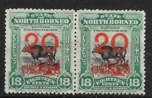 NORTH BORNEO SG199 1916 RED CROSS 20c ON 18c BLUE-GREEN & BLACK USED PAIR