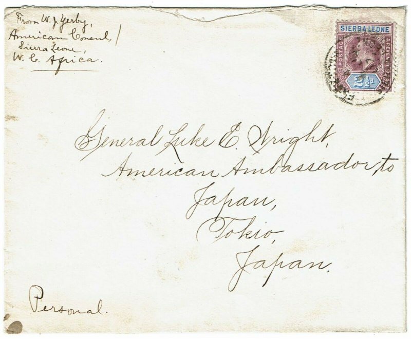 Sierra Leone 1907 Freetown cancel on cover to the U.S. ambassador in JAPAN