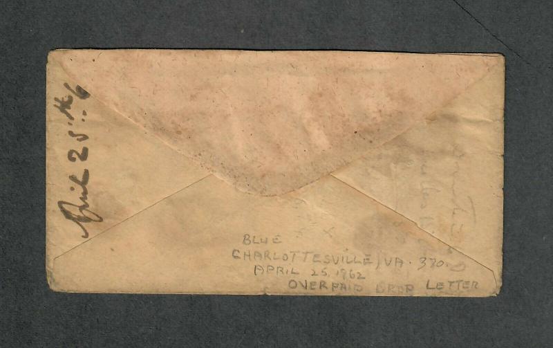 Charlottesville VA Cover April 25 1862 CSA Sc#4 Overpaid Drop Letter