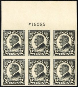 US Stamps # 611 MNH Superb Wide Top Plate Block Of 6