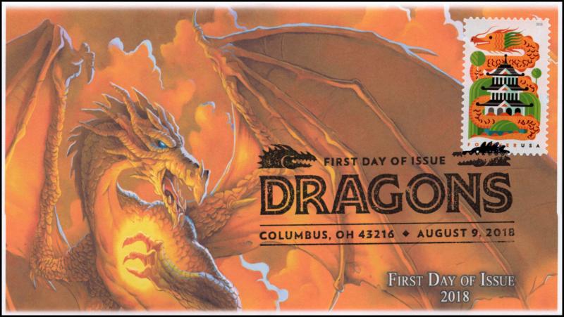 18-176, 2018, Dragons, First Day Cover, Pictorial Postmark, Orange Dragon