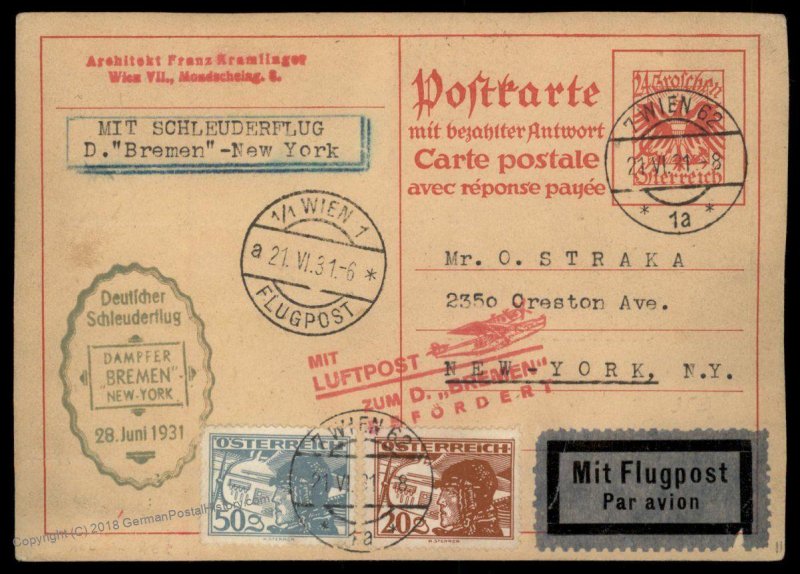 Austria 1931 Catapult Dampfer Bremen Only 19 Flown Cover 91068