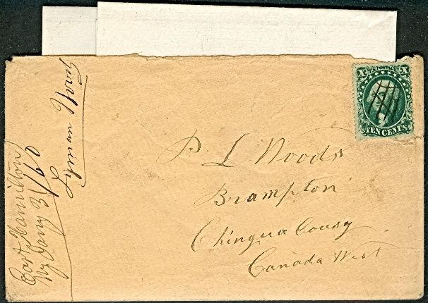 1860, 10¢ green tied w/ms East Hamilton NY to CANADA WEST w/letter - scarcer