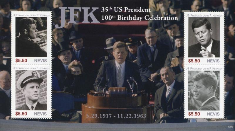 Nevis 2017 MNH JFK John F Kennedy 100th Birthday 4v M/S II US Presidents Stamps 