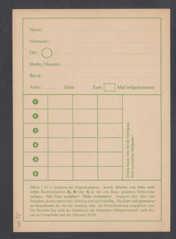 Germany, Berlin H&G X1 mint. 1949 10pf Radio Lottery Card, fresh