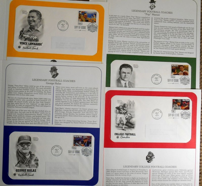 1997 Legendary Football Coaches Sc 3147-3150a set of 4 FDCs with PCS info pages