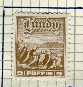 BRITAIN LUNDY; 1929 early Puffin Local issue fine Mint hinged 9p. value