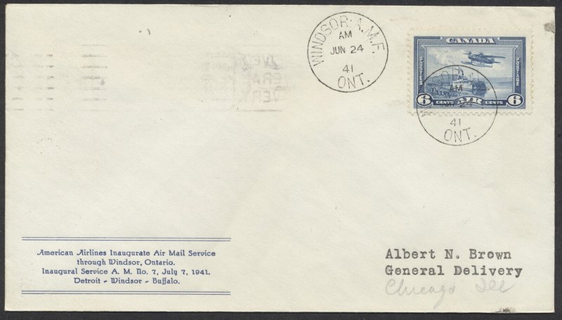 1941 June 24 American Airlines Windsor ONT AMF to Chicago Cover #4113a