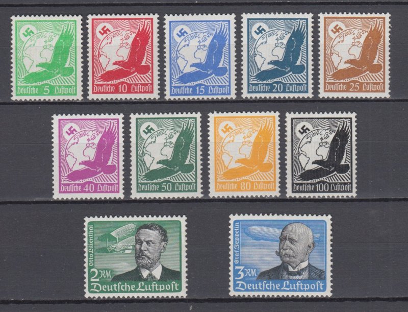 WWII 1934 Third Reich  Full Airmail Set  Flugpost Michel 529/539 MLH