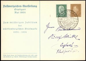 Germany 1931 Stuttgart Stamp Show Private Ganzsachen Postal Card Used Cov G68513