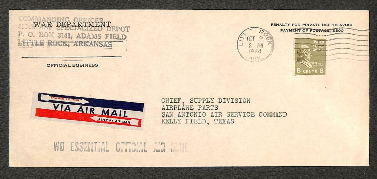 USA 813 Prexy Stamp North Arkansas to Texas Airmail WAR Penalty Cover