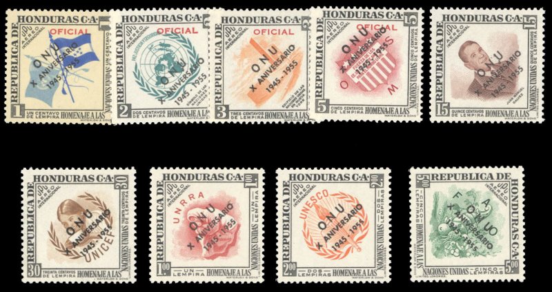 Honduras #C241-249 Cat$26.70, 1956 United Nations, complete set, never hinged