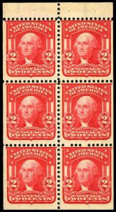 United States, 1902-3 #319g Cat$240, 1903 2c carmine, booklet pane of six, ne...