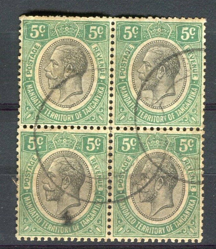 TANGANYIKA; 1927 early GV portrait issue fine used Shade of 5c. BLOCK of 4