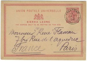 SIERRA LEONE 1903 QV 1D UPU POSTCARD TO FRANCE 