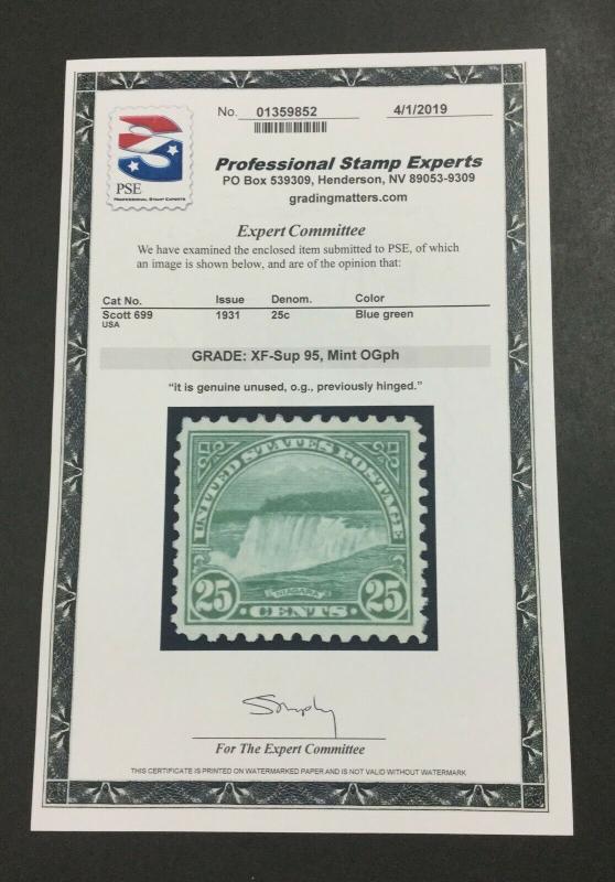 MOMEN: US STAMPS #699 MINT OGph PSE GRADED CERT XF-SUP 95