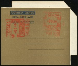 Spain #22c Aerogramme 0.60p+3.40p Postage Stamps Cover Europe Airmail Mint