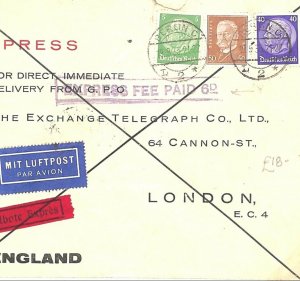 GERMANY-GB Air Mail 1933 Cover *EXPRESS FEE PAID 6d* Exchange Telegraph Co  B216