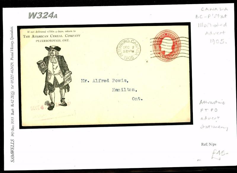 W324a 1905 CANADA *Advertising Postal Stationery* QUAKER Peterboro' Ont Cover