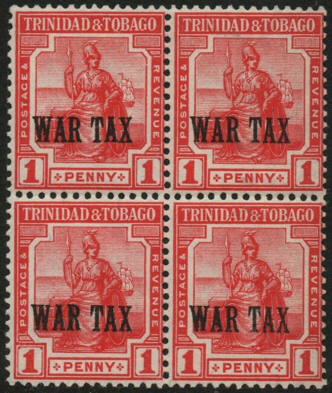 TRINIDAD & TOBAGO-1917 1d Red War Stamp Block of 4 Sg 176 3 unmounted MM V48547