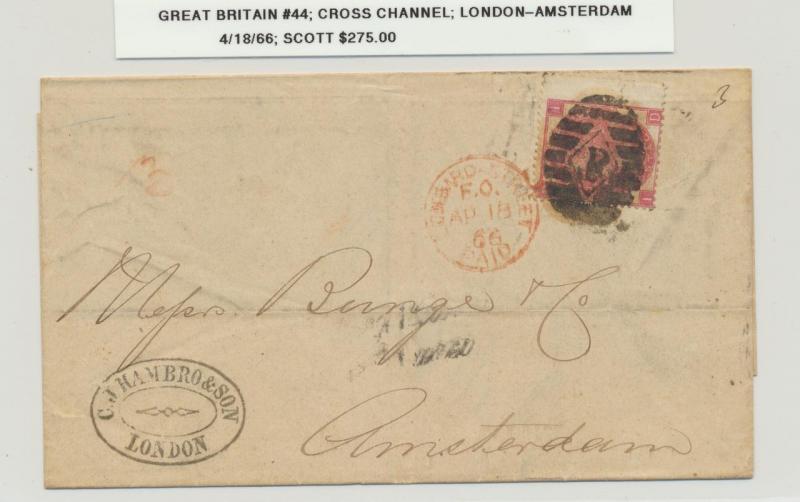 GB- AMSTERDAM 1866 COVER, 3d PL4 RATED AMSTERDAM RECVR (SEE BELOW) 