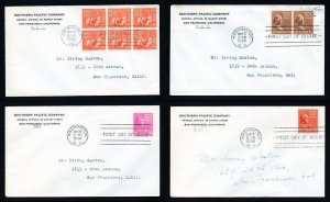 4 Different Prexy First Day Covers with Southern Pacific cachets dated 1938