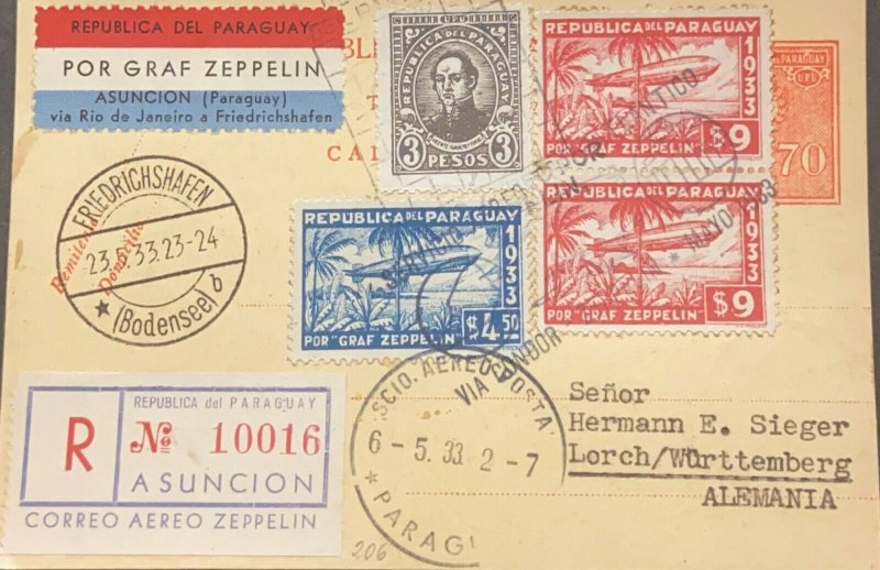 A) 1933 PARAGUAY, ZEPPELIN, VÍA RIO DE JANEIRO, DE ASUNCION A ALEMANIA CON CANCE