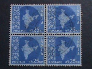 INDIA-1957-SC#285 65 YEARS OLD INDIA MAP STAMPS USED BLOCK VF-NICE CANCEL