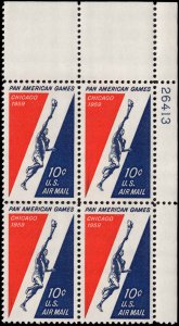 US #C56 10¢ PAN AMERICAN GAMES MNH UR PLATE BLOCK #26413 DURLAND $1.75