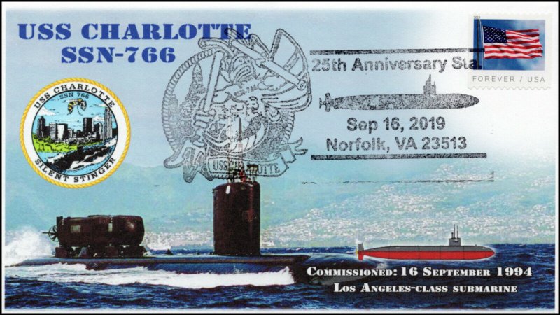 19-344, 2019, USS Charlotte, Pictorial Postmark, Event, Navy, SSN-766, 25th Anni