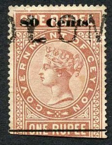 Ceylon QV SGT92 80c on 1r Red-brown Telegraph Stamp Wmk Crown CA (Narrow) 
