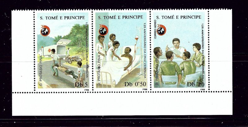 St Thomas and Prince 848 MNH 1988 Red Cross Strip of 3