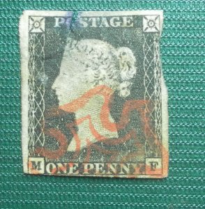 Penny Black, SG2, 1840, M and F letters.