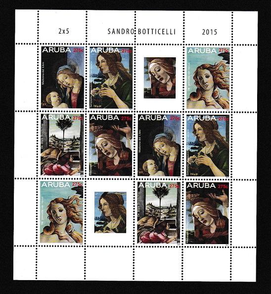 Aruba  #461-465a  MNH  2015 sheet  with 2 blocks of 5   Botticelli paintings