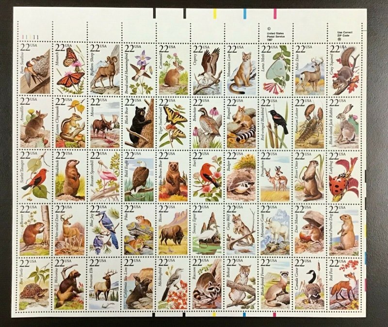  2286-2335 North American Wildlife 22 cent stamp Sheet of 50  Issued in 1987 