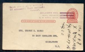 (1918) WWI Safe Arrival Card on 2¢, tied by SOLDIER'S MAIL/U.S. ARMY BASE cxl