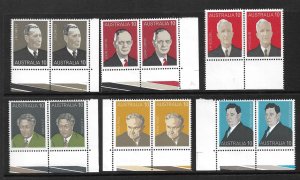 1975 Australia 610-5 complete Prime Ministers set of 6 pair MNH