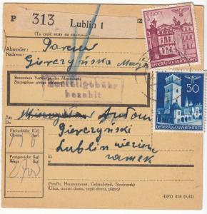 1941 Lublin Poland Germany Parcel Cover Lublin Concentration Camp KZ