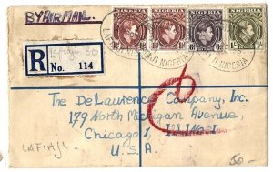 Nigeria 1952 Neat 3d reg envelope to Chicago, uprated 1/9d, LAFIAJI reg ovals