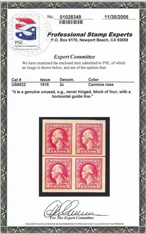 532 Line block Superb OG w/ PSE cert never hinged nice color cv $  ! see pic !