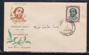 India #385  (1964 Sarojini Naidu issue) addressed FDC