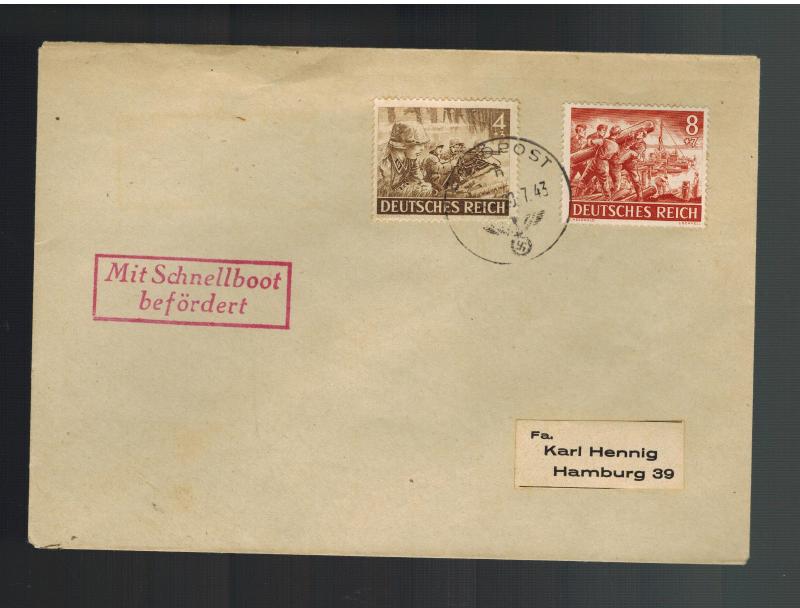 1943 Germany Feldpost Cover to hamburg via E Boat