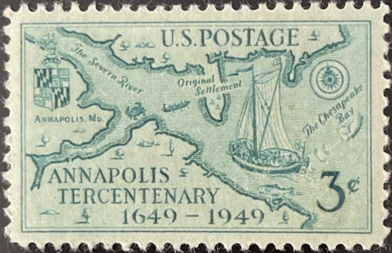 Scott #984 1949 3¢ Annapolis Tercentenary unused lightly hinged XF/Superb