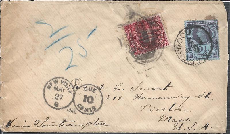 J42, Great Britain 114, Marshwood to Boston Mass, Postage...